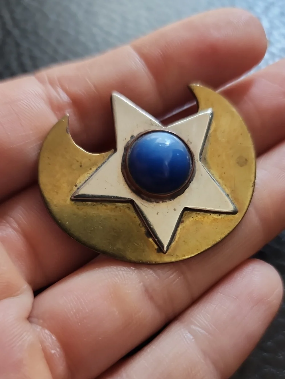 VTG Brass-tone Crescent & Star Brooch with Blue Cabochon